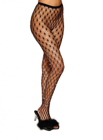 Geometric Fence Net Pantyhose W/ Rhinestones Black O/s