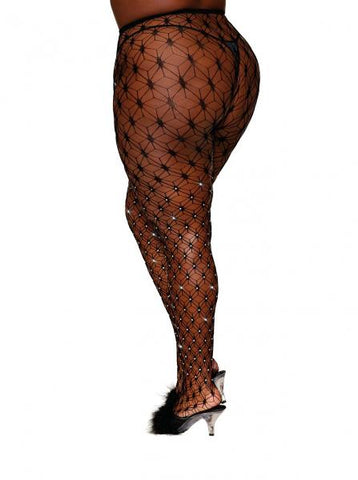 Geometric Fence Net Pantyhose W/ Rhinestones Black Q/s