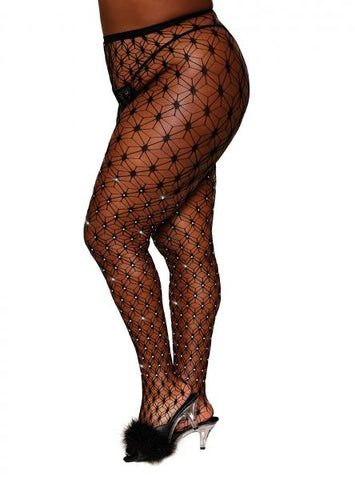 Geometric Fence Net Pantyhose W/ Rhinestones Black Q/s