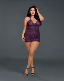 Stretch Mesh Chemise W/ Shirring Detail & G-string Plum Queen