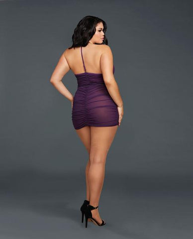 Stretch Mesh Chemise W/ Shirring Detail & G-string Plum Queen