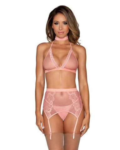 Fishnet & Lace 4pc Set W/ Stretch Velvet Trim Rose Pink O/s