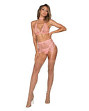 Fishnet & Lace 4pc Set W/ Stretch Velvet Trim Rose Pink O/s