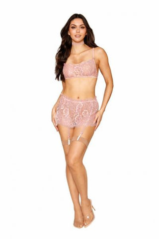 Eyelash Lace Bralette Garter Skirt Set Rose Quartz O/s