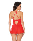 Holiday Scallop Stretch Lace & Mesh Babydoll & Thong Red/gold Lg