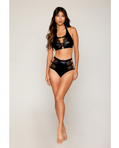 Stretch Faux Leather and Eyelash Lace Bralette w/High-Waisted Panty - Black MD