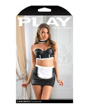 Play 5-Star Service Wetlook Bustier, Open Back Skirt, G-String & Choker Black/White L/XL