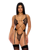 Pull My Strings Sheer Mesh Teddy w/Garters & Faux Pearl Details - Black MD