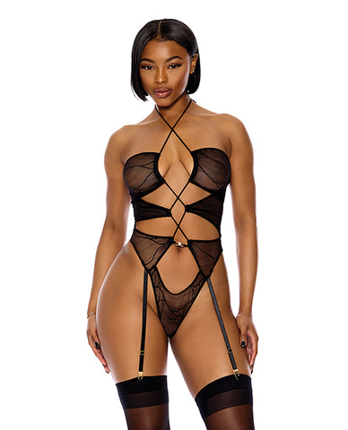 Pull My Strings Sheer Mesh Halterneck Teddy - Black MD