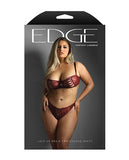 Edge Lace and Mesh Underwire Bra & Crotchless Panty w/Lace-up Detail - Wine QN