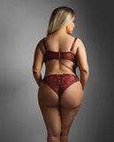 Edge Lace and Mesh Underwire Bra & Crotchless Panty w/Lace-up Detail - Wine QN