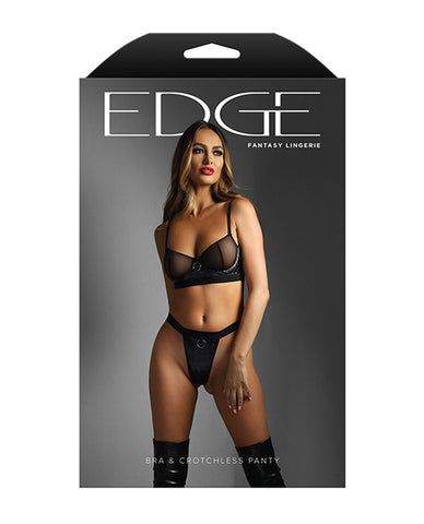 Edge Quilted Wetlook and Mesh Underwire Bra w/ Crotchless Panty - Black L/XL
