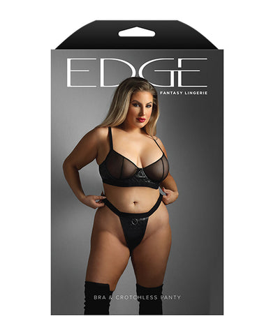 Edge Quilted Wetlook and Mesh Underwire Bra w/ Crotchless Panty - Black QN