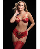 Strappy Underwire Bra, High Waist Boyshort & Stockings Red O/S