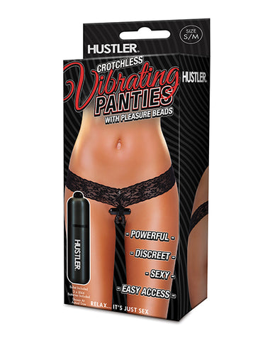 Hustler Vibrating Panties w/Hidden Vibe Pocket, Bullet & Stimulation Beads Black M/L