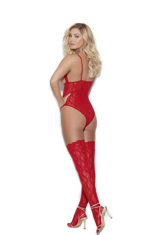 Cupless Stretch Lace Teddy W/ Thigh Hi's Red O/s