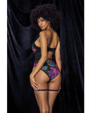 Flower Print Mesh Underwire Teddy w/Detachable Garter Straps Multi Color S/M