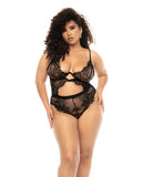 Floral Lace & Mesh Underwire Teddy w/Keyhole Details Black 1X/2X