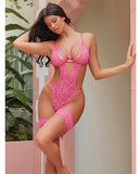 Genesis Lace Underwire Teddy w/Lace Garter Stays - Raspberry L/XL