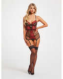 Floral Embroidered Lace Chemise w/Adjustable Garters & Thong Black/Red SM