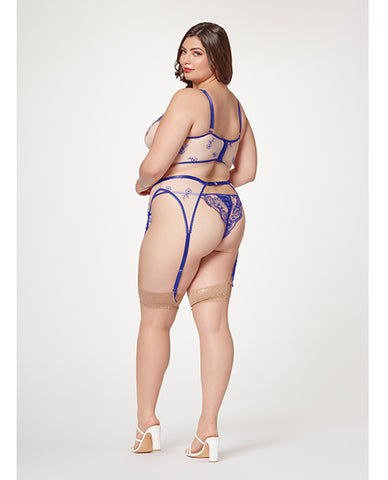 Sheer Stretch Mesh w/Floral Contrast Embroidery Bustier, Garter Belt & Thong Blue/Nude 1X/2X