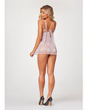 Sheer Mesh & Lace Demi Cup Babydoll & Thong Lavender MD