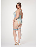 Lace & Mesh Bustier w/Lace Up Center, Garter Belt & Thong Blue 1X/2X