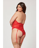 Valentines Heart Embroidered Mesh Bustier & Panty Red 1X/2X