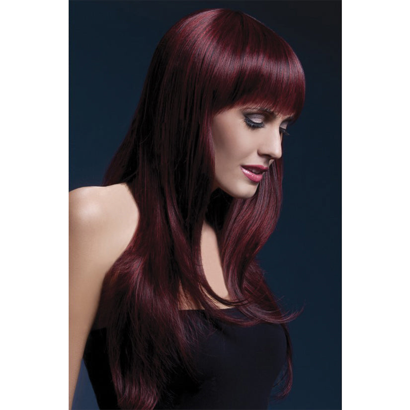 Fever Smiffys Sienna Wig Long Wavy & Fringe Black Cherry 26"-Boxed