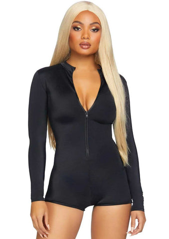 Zipper Front Long Sleeved Matte Romper - Large - Black