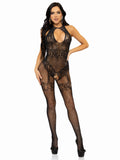 Rhinestone Lace and Net Bodystocking - One Size - Black