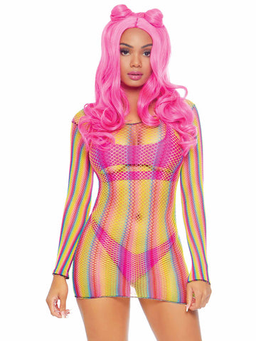 Rainbow Fishnet Long Sleeved Mini Dress - One Size - Rainbow LA-86795RNBOS