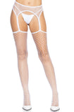 Industrial Net Stockings With Scalloped Trimmed  Attached Garter Belt - One Size - White