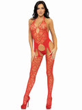 Seamless Heart Net Suspender Bodystocking - One  Size - Red LA-89306REDOS