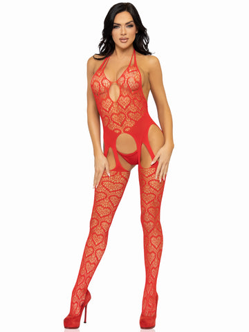 Seamless Heart Net Suspender Bodystocking - One  Size - Red LA-89306REDOS
