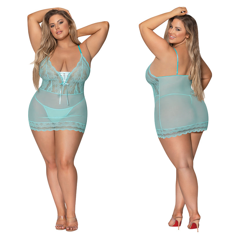 Magic Silk Lace Mesh Chemise & G-String-Turquoise QUEEN-Boxed