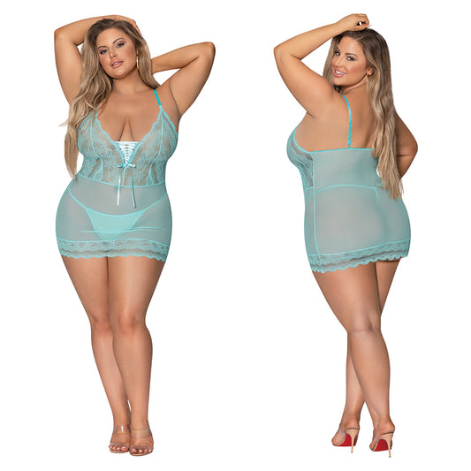 Magic Silk Lace Mesh Chemise & G-String-Turquoise QUEEN-Boxed