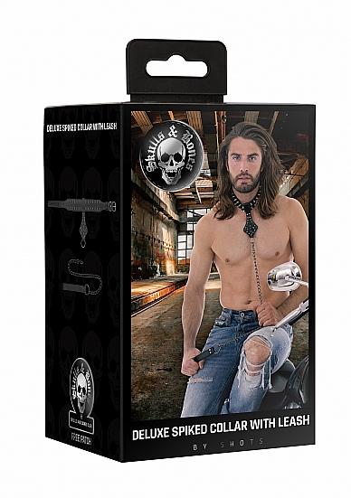 Ouch! Skulls & Bones Neck Chain with Spikes And Leash Black