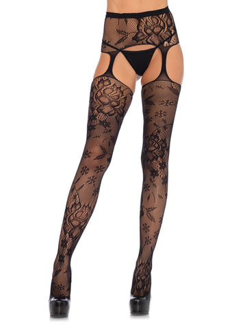 Floral Lace Stockings With Attached Waist Garterbelt - Black - One Size