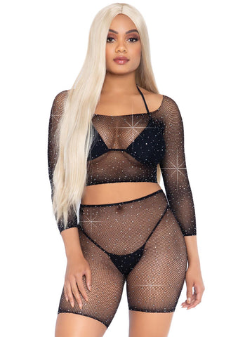 2 Pc Rhinestone Fishnet Crop Top and Biker  Shorts - Black - One Size