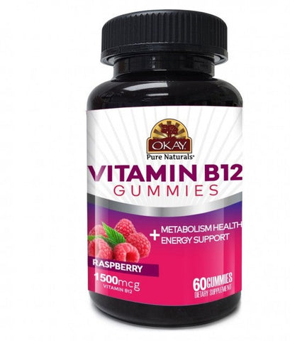 OKAY Gummies Vitamin B12 60 Count Raspberry Energy Support Supplement