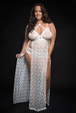 2pc Strappy Halter Laced Night Gown With Side Slits and Open Back - Queen Size - White