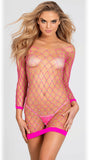 Sparkly Stretch Fishnet Long Sleeve Chemise - Hot Pink