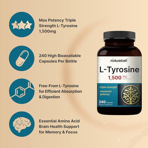 NatureBell High Potency L Tyrosine Supplement 1500mg Brain & Health Support 240 Capsules