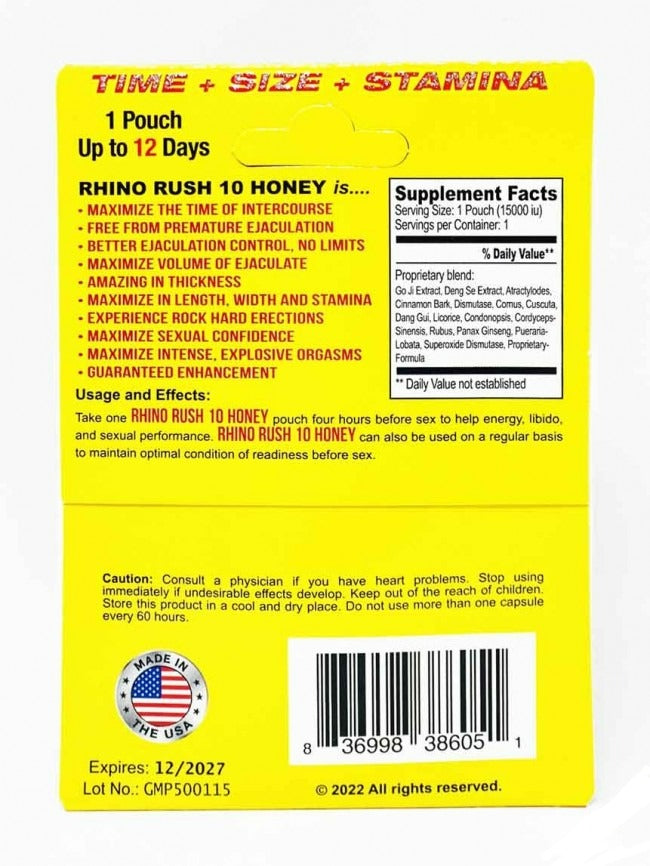 Rhino Rush 10 Honey Sachet 15000iu Male Enhancement