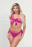 Two Piece Bra Set - Satin Bra With Assymetrical Shoulder Strap, Satin Ribbon Bows, and Thong - One Size - Fuchsia