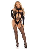 2 Pc Fishnet Halter Suspender Bodystocking and  Layered Teddy - One Size - Black