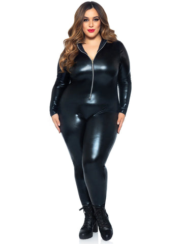 Lame Zipper Front Catsuit - 3x/4x - Black