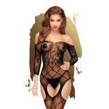 Top-Notch Long-Sleeved Lace Bodystocking With Criss Cross Details Black Xl