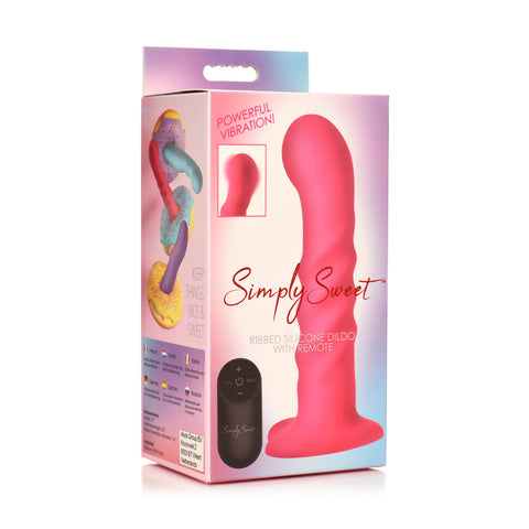 Simply Sweet 21X Vibrating Ribbed Silicone Dildo With Remote Pink